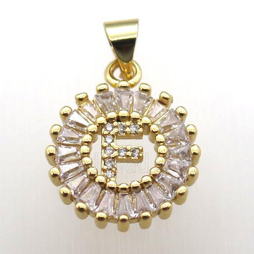 copper letter-F pendant paved zircon, gold plated