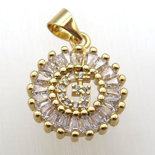 copper letter-G pendant paved zircon, gold plated