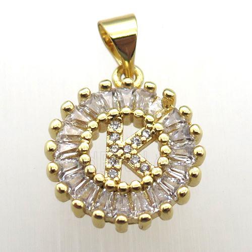 copper letter-K pendant paved zircon, gold plated