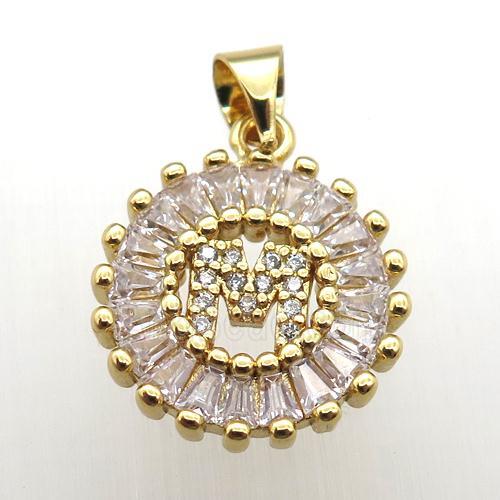 copper letter-M pendant paved zircon, gold plated
