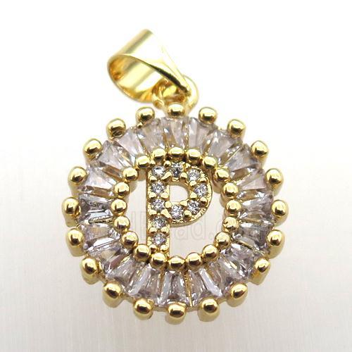 copper letter-P pendant paved zircon, gold plated