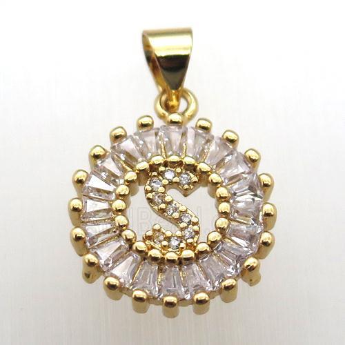 copper letter-S pendant paved zircon, gold plated