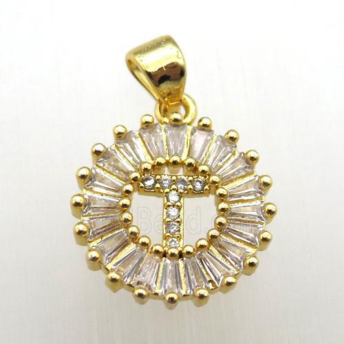 copper letter-T pendant paved zircon, gold plated