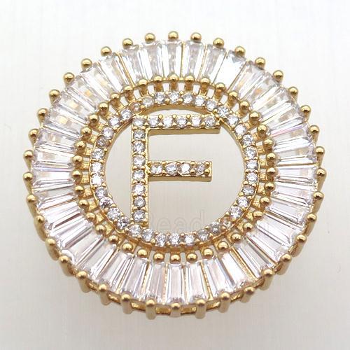 copper letter-F pendant paved zircon, gold plated