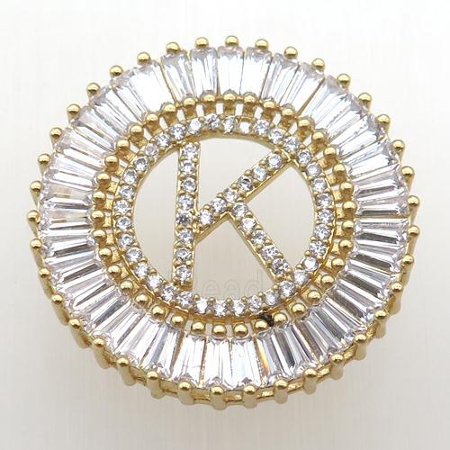 copper letter-K pendant paved zircon, gold plated