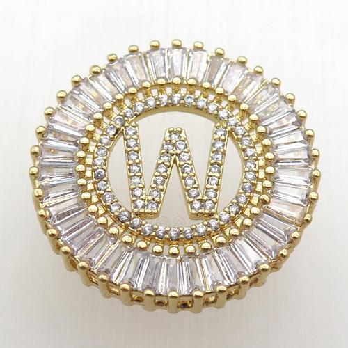 copper letter-W pendant paved zircon, gold plated
