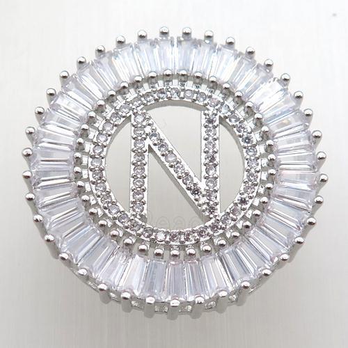 copper letter-N pendant paved zircon, platinum plated