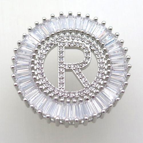 copper letter-R pendant paved zircon, platinum plated