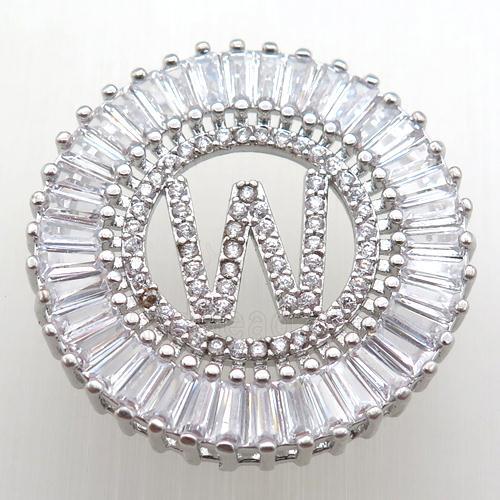 copper letter-W pendant paved zircon, platinum plated