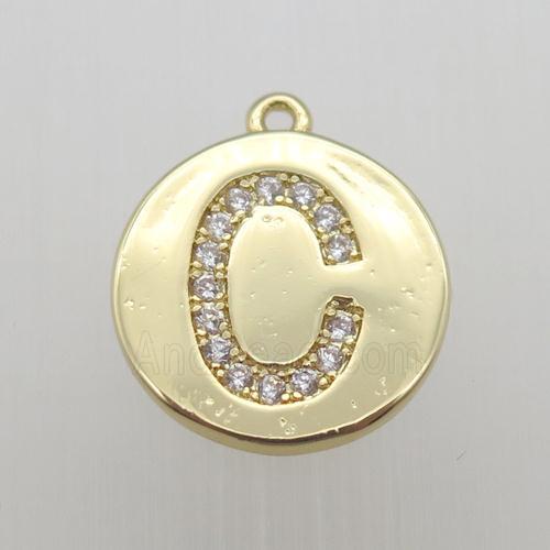copper letter-C pendant pave zircon, gold plated
