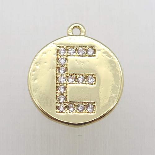 copper letter-E pendant pave zircon, gold plated