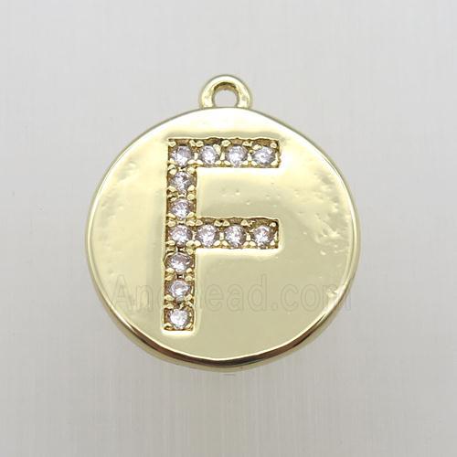 copper letter-F pendant pave zircon, gold plated