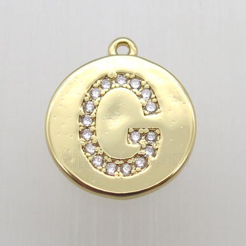 copper letter-G pendant pave zircon, gold plated