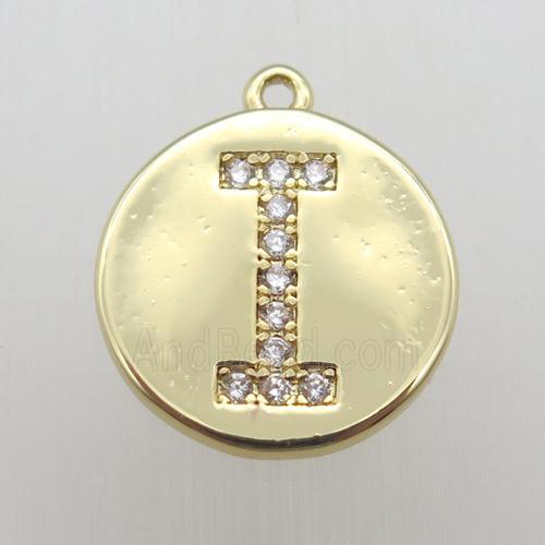 copper letter-I pendant pave zircon, gold plated