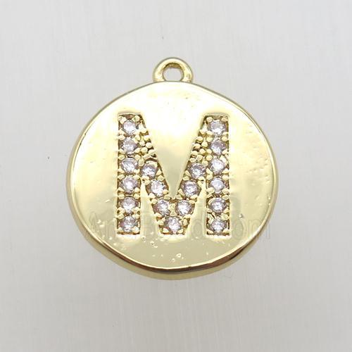 copper letter-M pendant pave zircon, gold plated