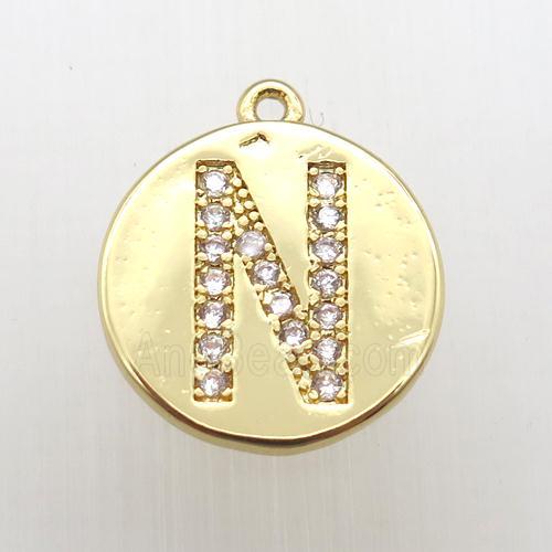 copper letter-N pendant pave zircon, gold plated