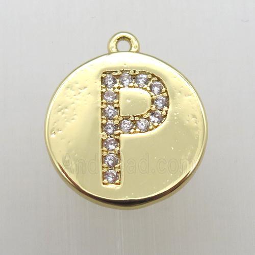 copper letter-P pendant pave zircon, gold plated