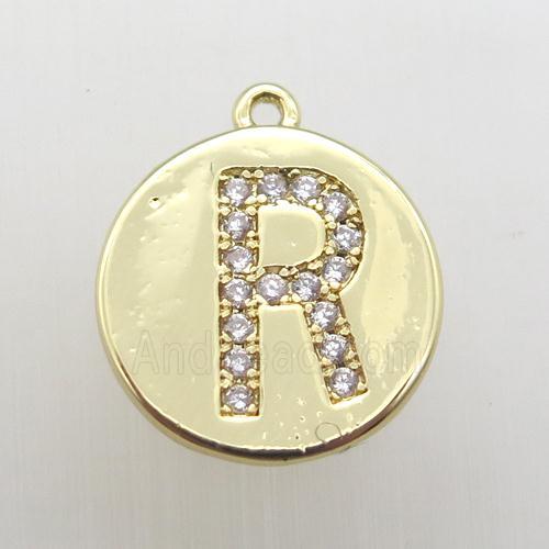 copper letter-R pendant pave zircon, gold plated