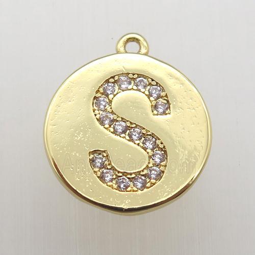 copper letter-S pendant pave zircon, gold plated
