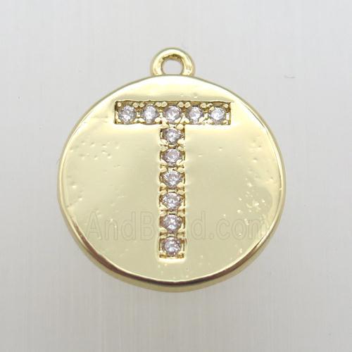 copper letter-T pendant pave zircon, gold plated