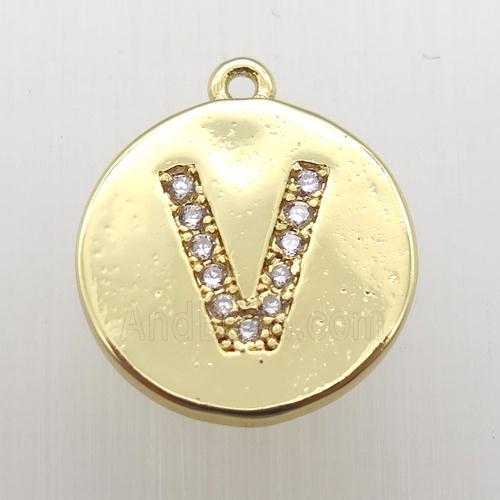 copper letter-V pendant pave zircon, gold plated