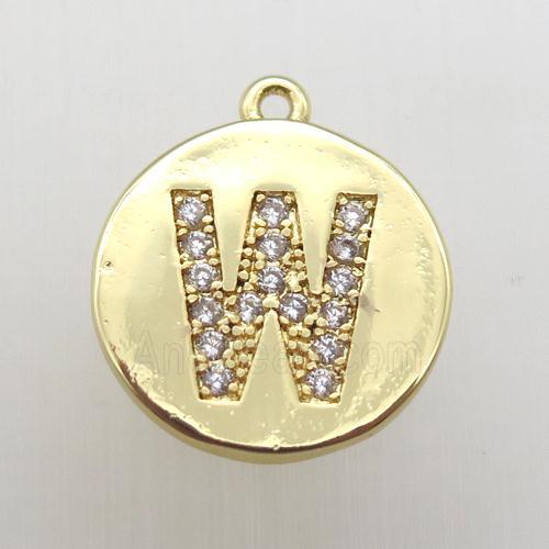 copper letter-W pendant pave zircon, gold plated