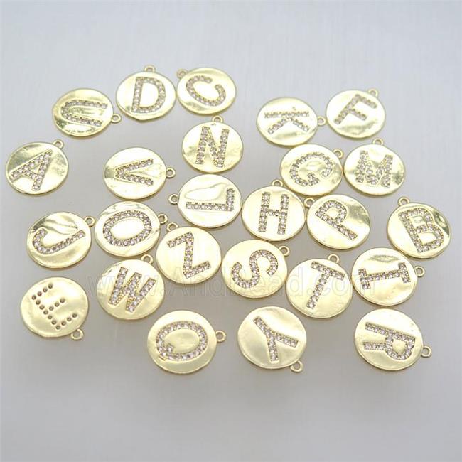 copper letter pendant pave zircon, gold plated, mixed