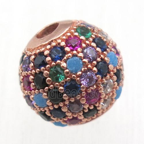 round copper beads pave zircon, multi color, rose gold