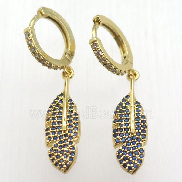 copper hoop earrings pendant pave zircon, leaf, gold plated