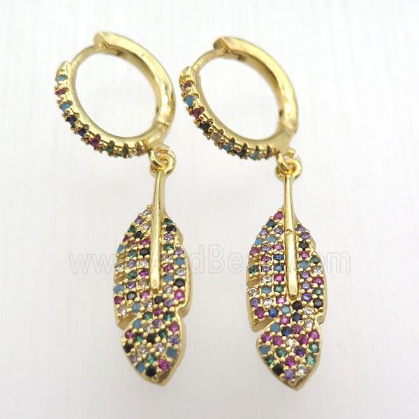 copper hoop earrings pendant pave zircon, leaf, gold plated