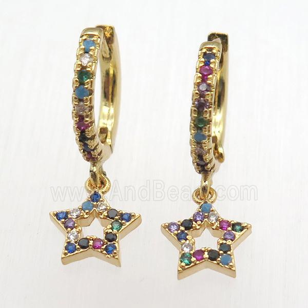copper hoop huggie earrings pendant pave zircon, star, gold plated