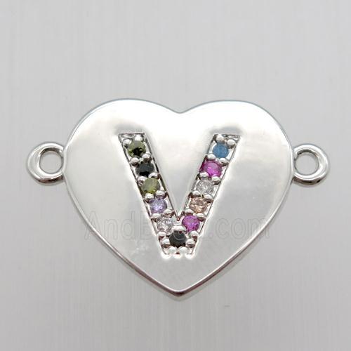 copper letter connector, heart, platinum plated