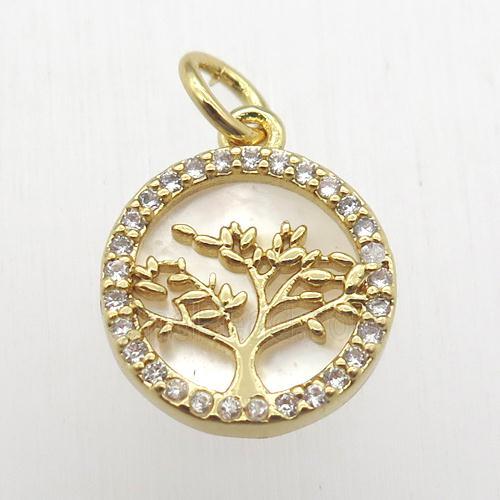 copper pendant pave zircon, tree of life, gold plated