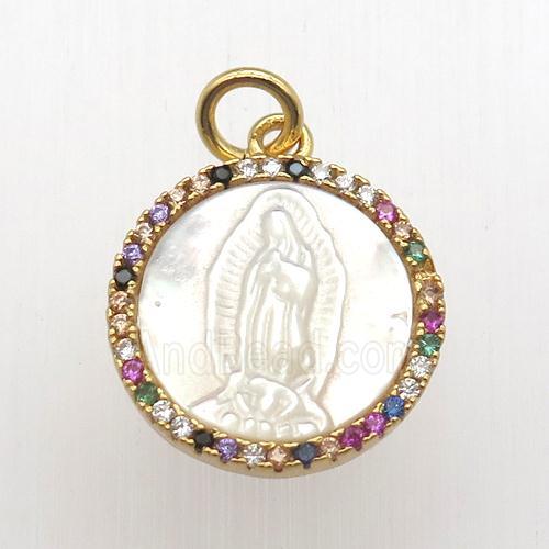 copper circle pendant pave zircon, shell Jesus, gold plated