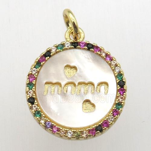 copper circle pendant pave zircon, gold plated