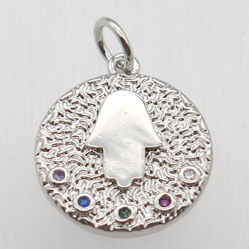 copper circle pendant pave zircon, hamsahand, platinum plated
