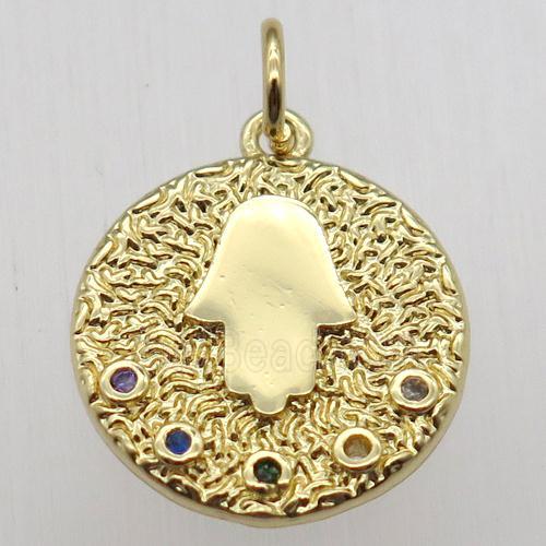copper circle pendant pave zircon, hamsahand, gold plated