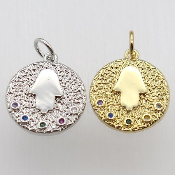 copper circle pendant pave zircon, hamsahand, mixed color