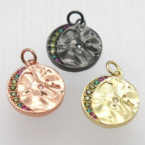 copper circle moon pendant pave zircon, mixed color