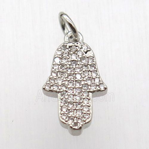 copper hamsahand pendant pave zircon, platinum plated