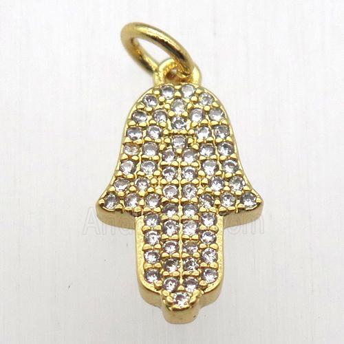 copper hamsahand pendant pave zircon, gold plated