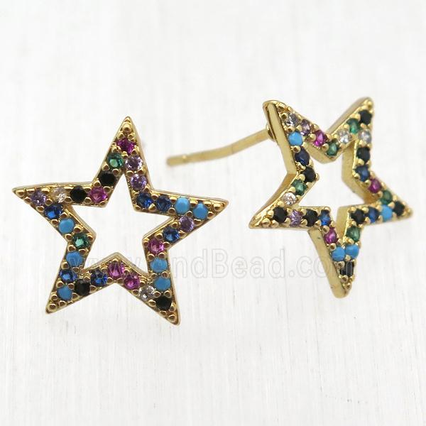 copper star Stud Earrings pave zircon, gold plated