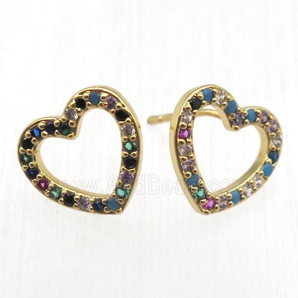 copper heart Stud Earrings pave zircon, gold plated