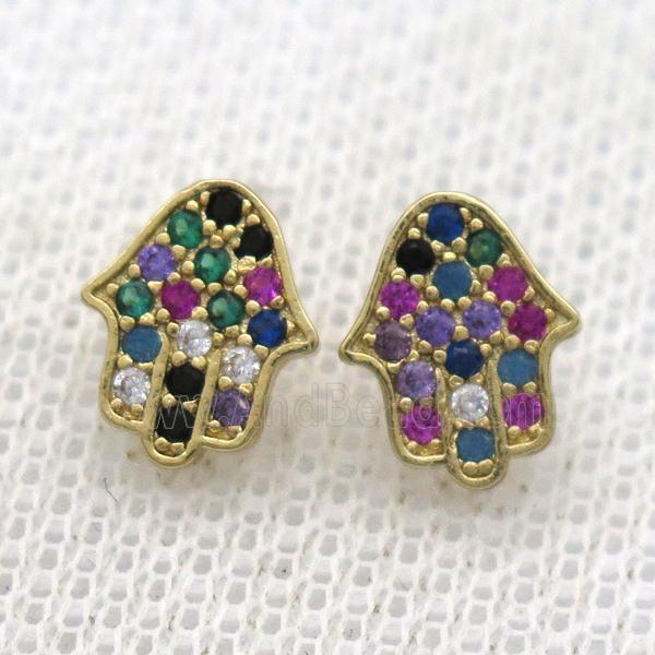 copper hamsahand Stud Earrings pave zircon, gold plated