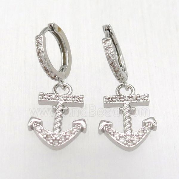 copper anchor Hoop Earrings pave zircon, platinum plated