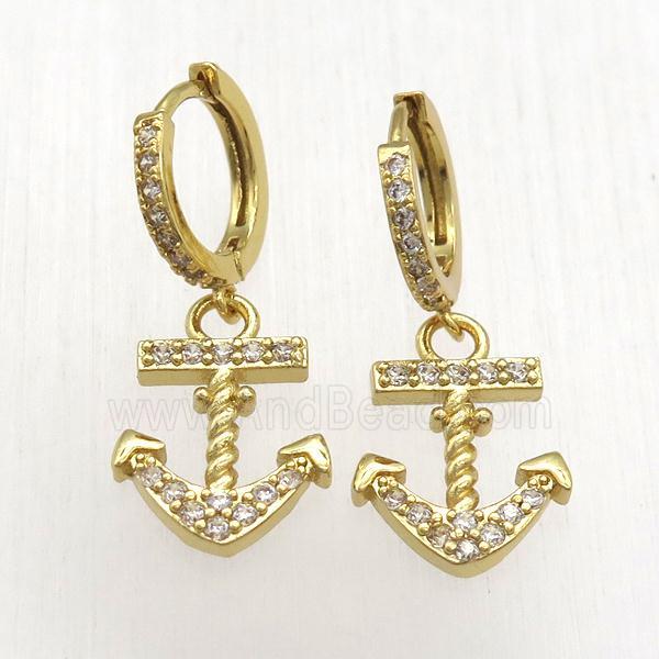 copper anchor Hoop Earrings pave zircon, gold plated