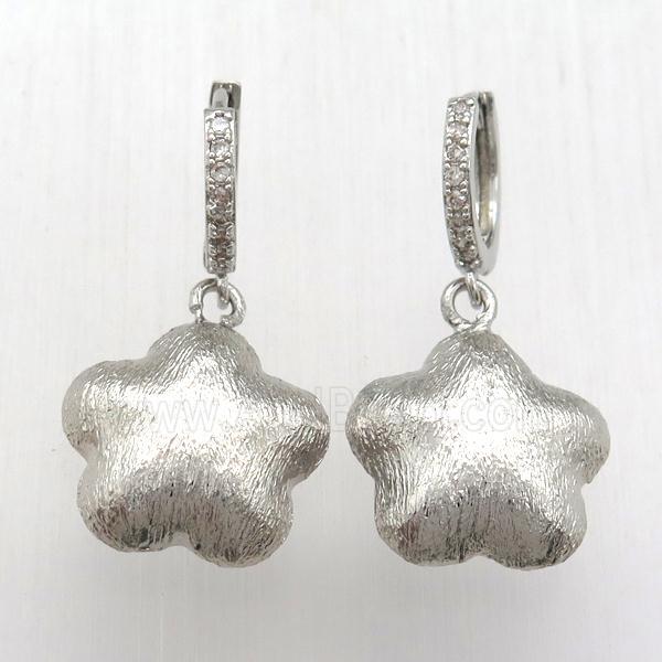 brushed copper star Hoop huggie Earrings pave zircon, platinum plated