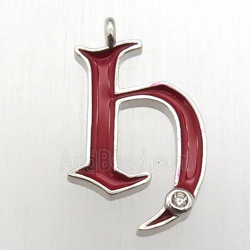 copper letter-H pendant pave zircon, red Enameling, platinum plated