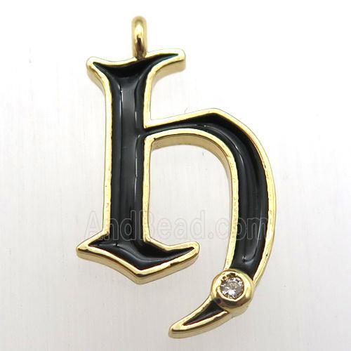 copper letter-H pendant pave zircon, black Enameling, gold plated