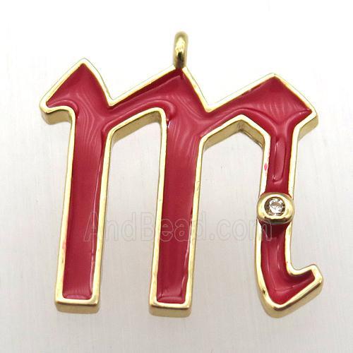 copper letter-M pendant pave zircon, red Enameling, gold plated